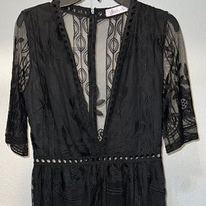 Women's Sexy Short Sleeve Long Dress Low V-Neck Lace Romper